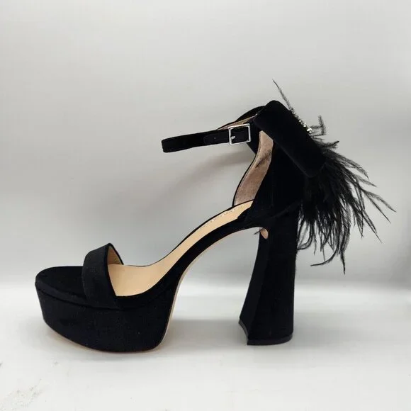 Antonio Melani Platform Sandals Size 5.5 M Black Velvet feathers Rhinestone  658 - Picture 7 of 16